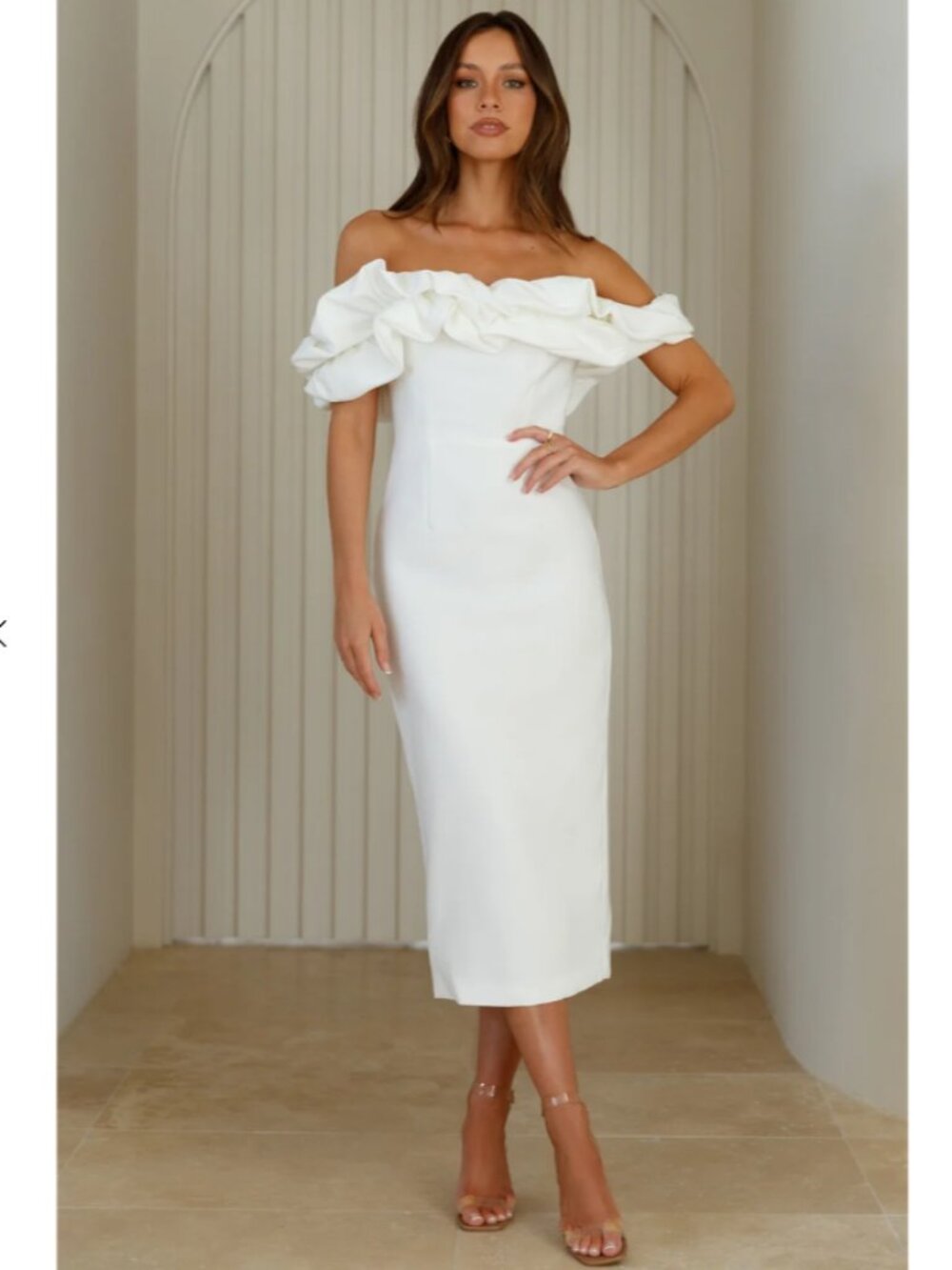 Hello Molly Off Shoulder Frill Midi Dress White size 8